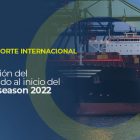 Sobre la imagen de un buque de carga lleno de contenedores, está escrito: TRANSPORTE INTERNACIONAL, Situación del mercado a inicios del peak season 2022